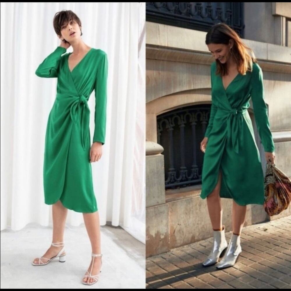 & Other Stories - NWT Side Tie Midi Dress Satin Look Green Sz 2 US / 34 EUR - Picture 2 of 13